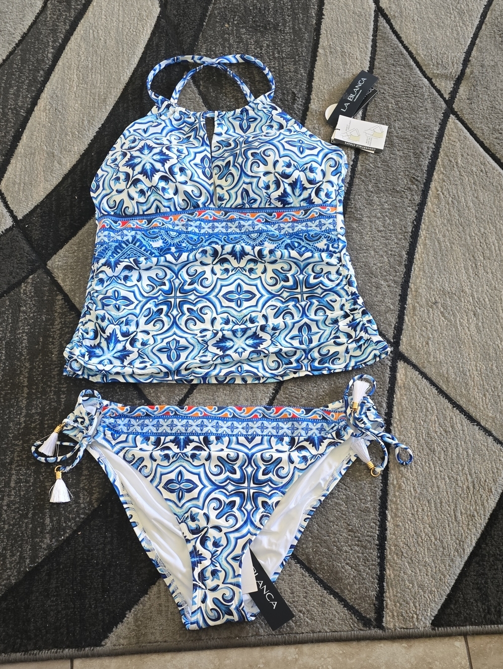 La Blanca Blue Mosaic Tankini Swim Set Sz 12 Nwt